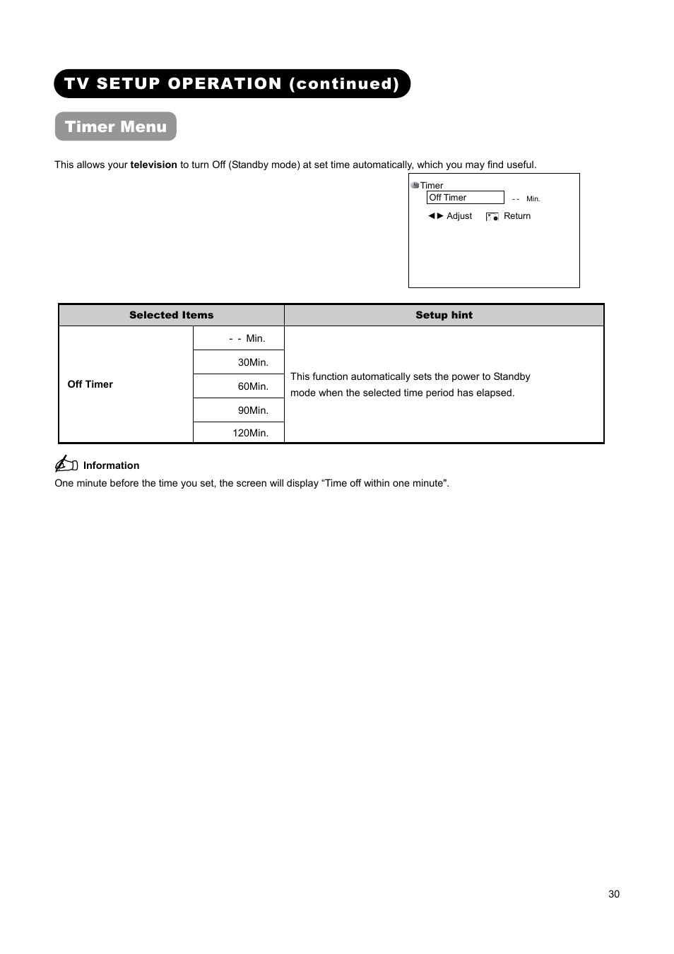Tv setup operation (continued) timer menu | Hitachi L37A01A User Manual | Page 32 / 49