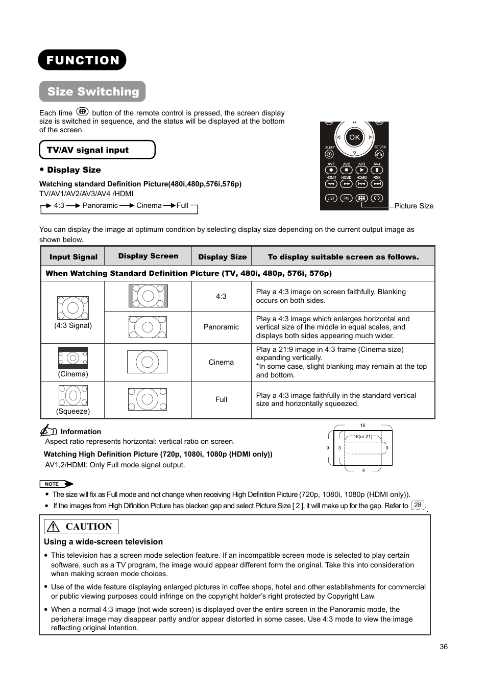 Function size switching, Caution | Hitachi L37A01A User Manual | Page 38 / 49