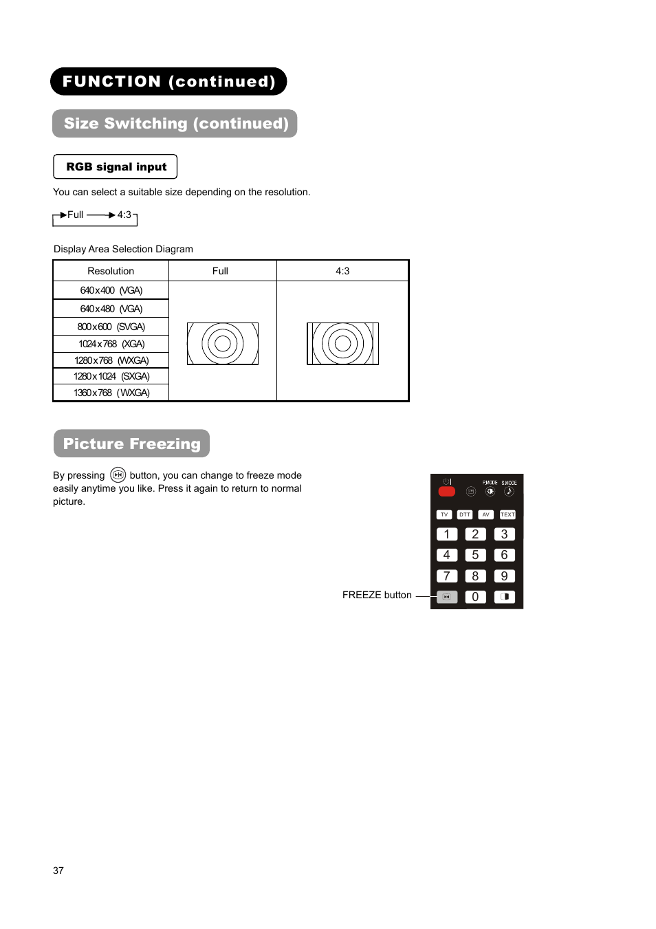 Function (continued) size switching (continued), Picture freezing | Hitachi L37A01A User Manual | Page 39 / 49