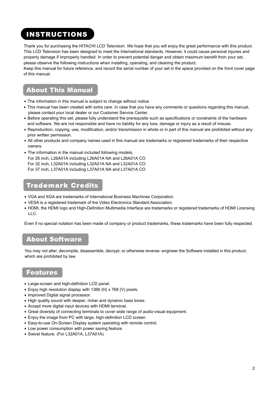 Instructions, About this manual, Trademark credits | About software, Features | Hitachi L37A01A User Manual | Page 4 / 49