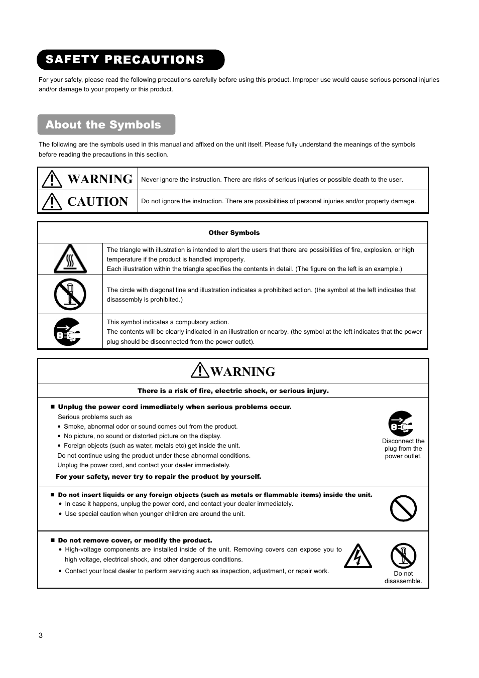 Warning, Caution, Safety precautions | About the symbols | Hitachi L37A01A User Manual | Page 5 / 49