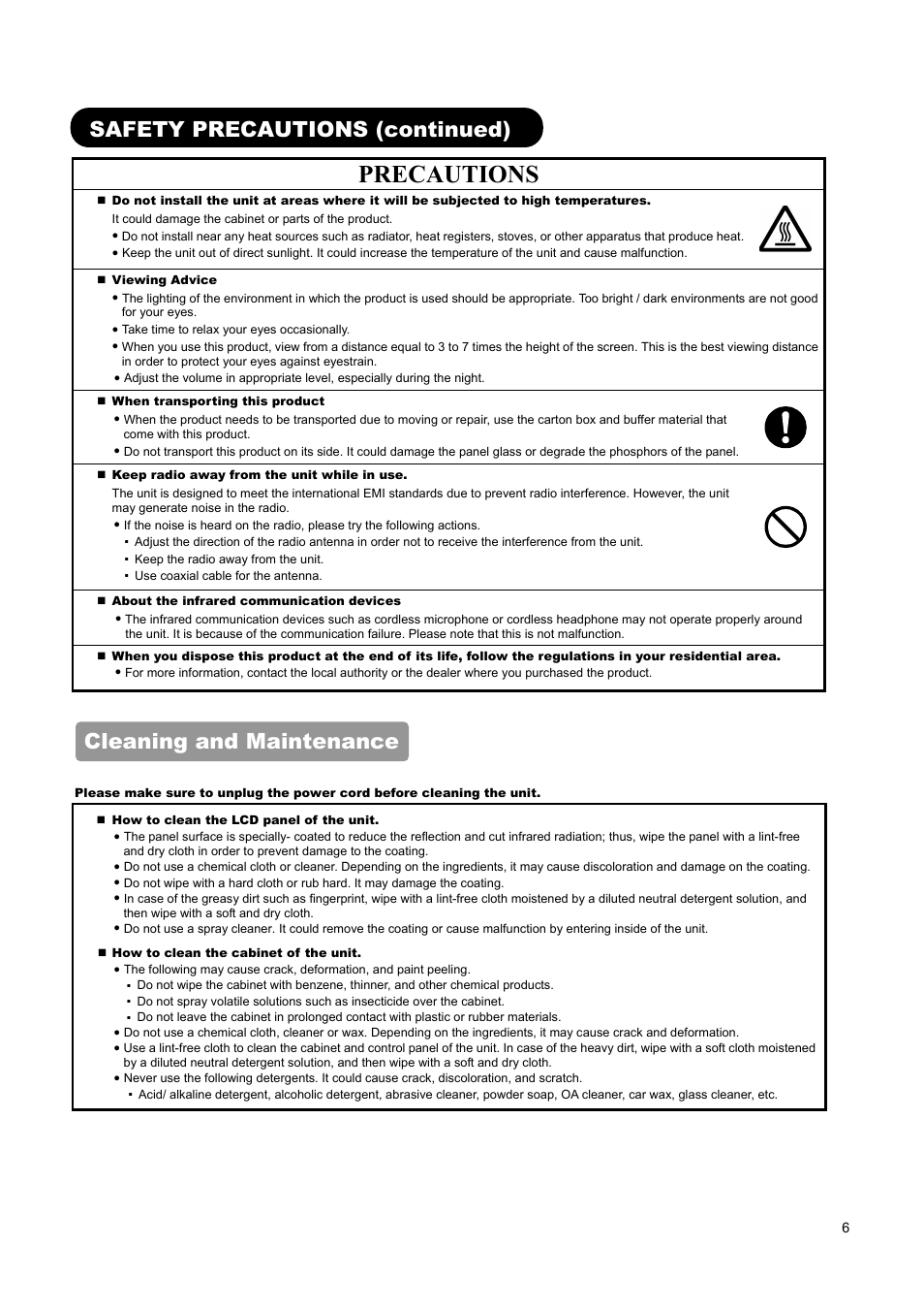 Precautions, Safety precautions (continued), Cleaning and maintenance | Hitachi L37A01A User Manual | Page 8 / 49