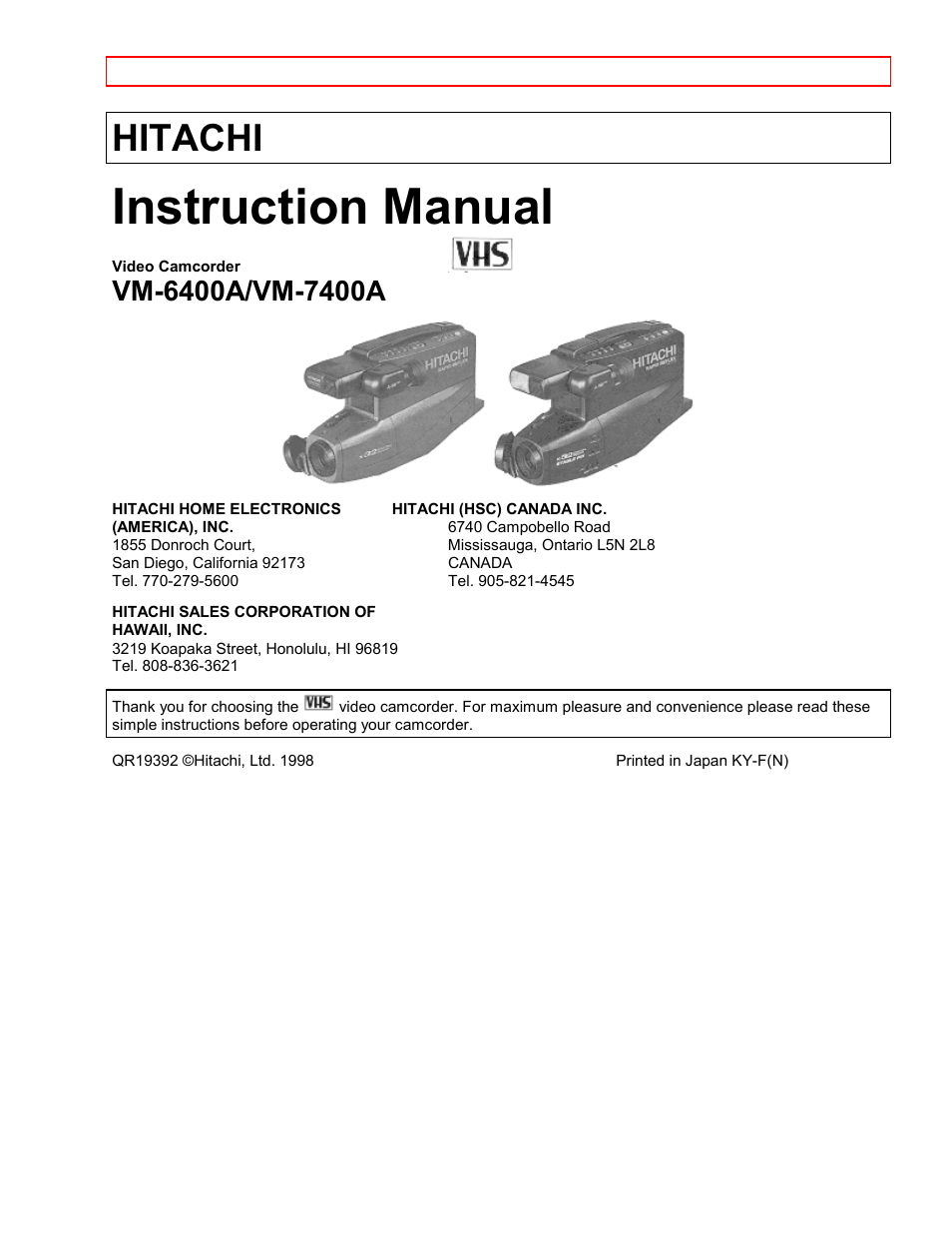 Hitachi VTFX-6400A User Manual | 39 pages