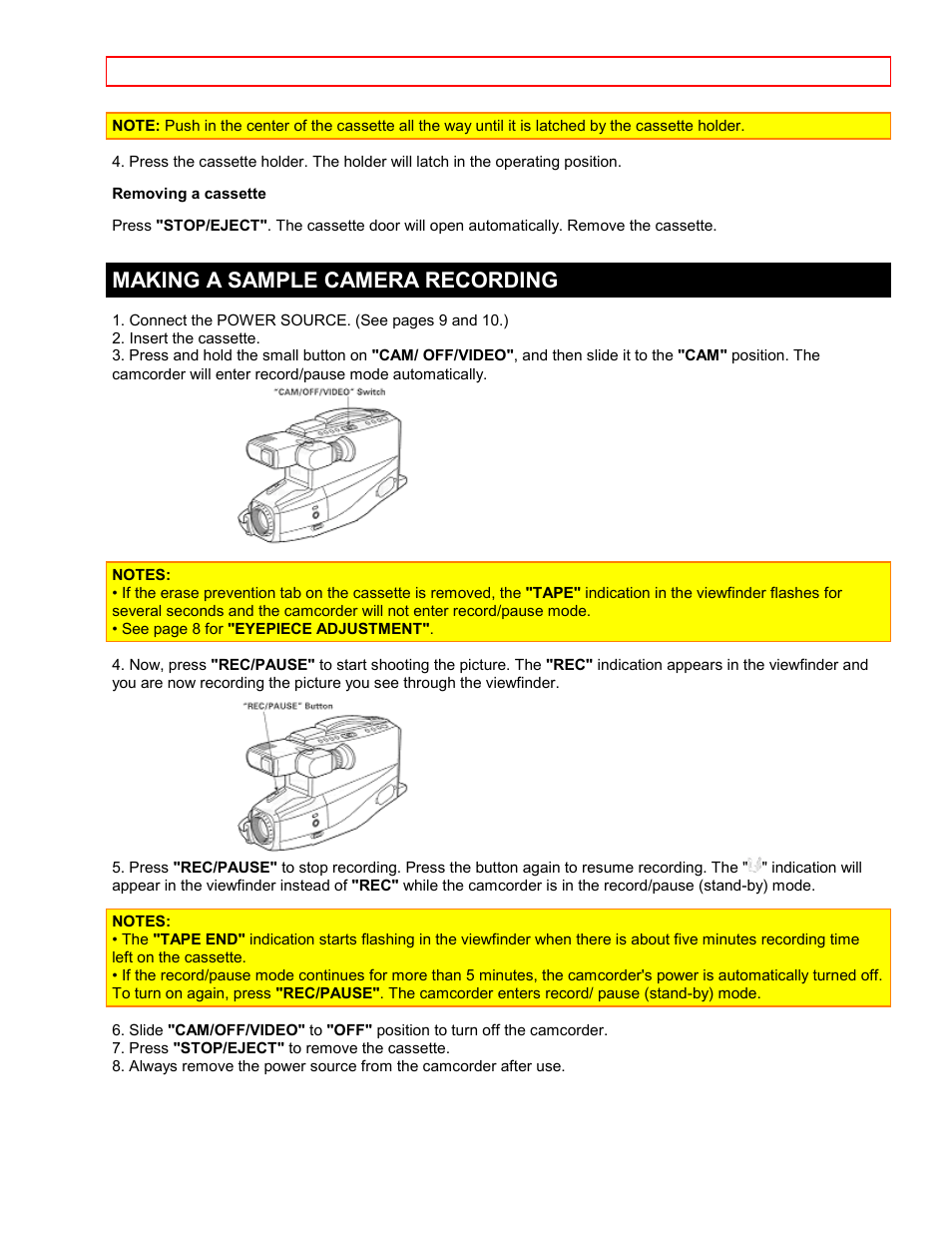 Making a sample camera recording | Hitachi VTFX-6400A User Manual | Page 16 / 39