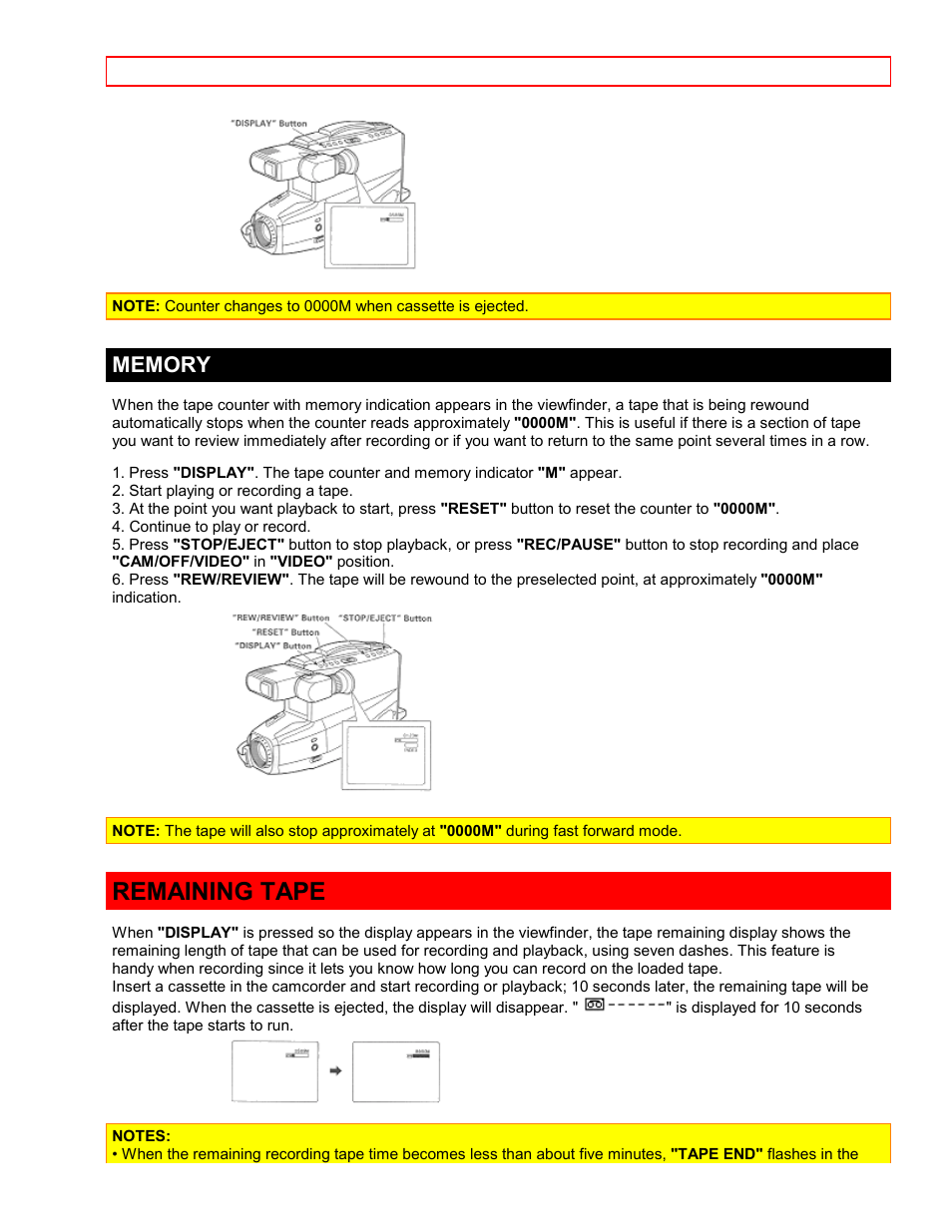 Memory, Remaining tape | Hitachi VTFX-6400A User Manual | Page 24 / 39