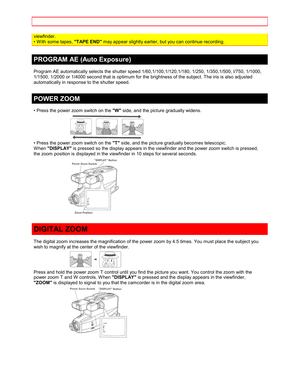 Program ae (auto exposure), Power zoom, Digital zoom | Hitachi VTFX-6400A User Manual | Page 25 / 39