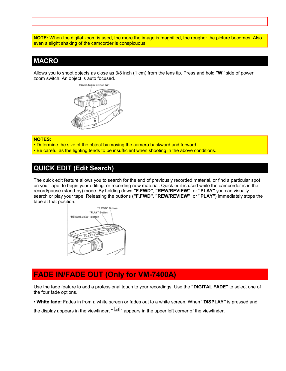 Macro, Quick edit (edit search), Fade in/fade out (only for vm-7400a) | Hitachi VTFX-6400A User Manual | Page 26 / 39