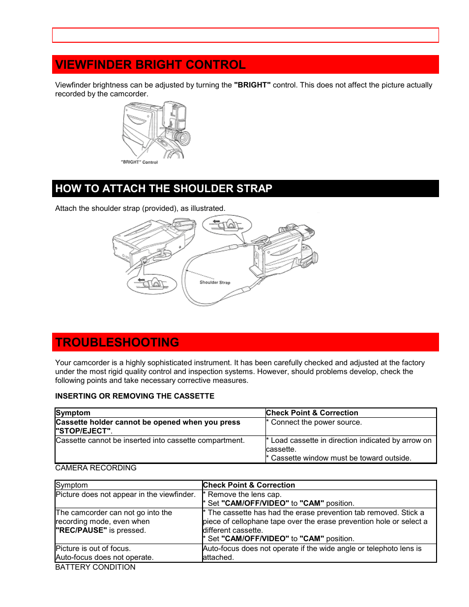 Viewfinder bright control, How to attach the shoulder strap, Troubleshooting | Hitachi VTFX-6400A User Manual | Page 35 / 39