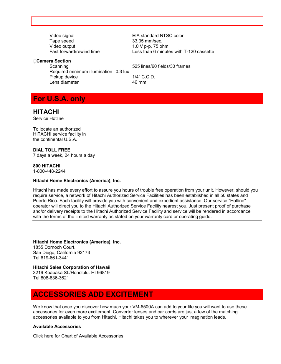 For u.s.a. only, Accessories add excitement, Hitachi | Hitachi VTFX-6400A User Manual | Page 38 / 39