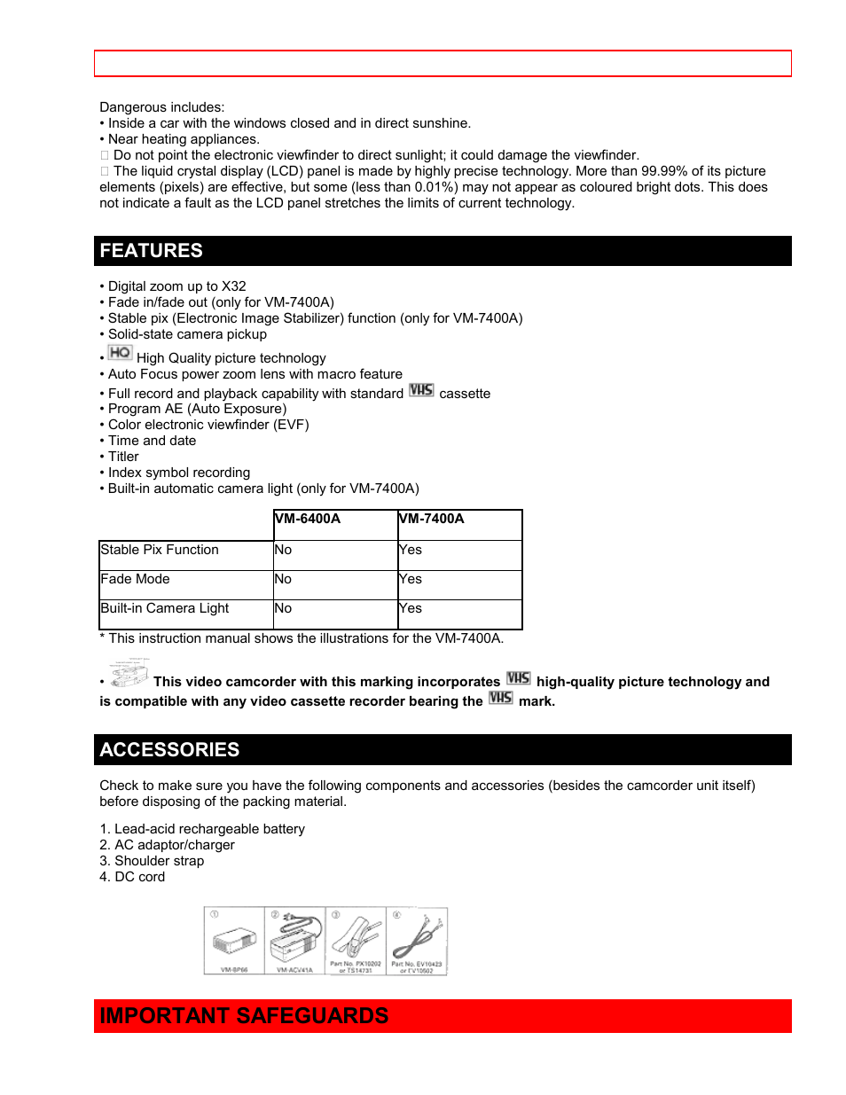 Features, Accessories, Important safeguards | Hitachi VTFX-6400A User Manual | Page 4 / 39