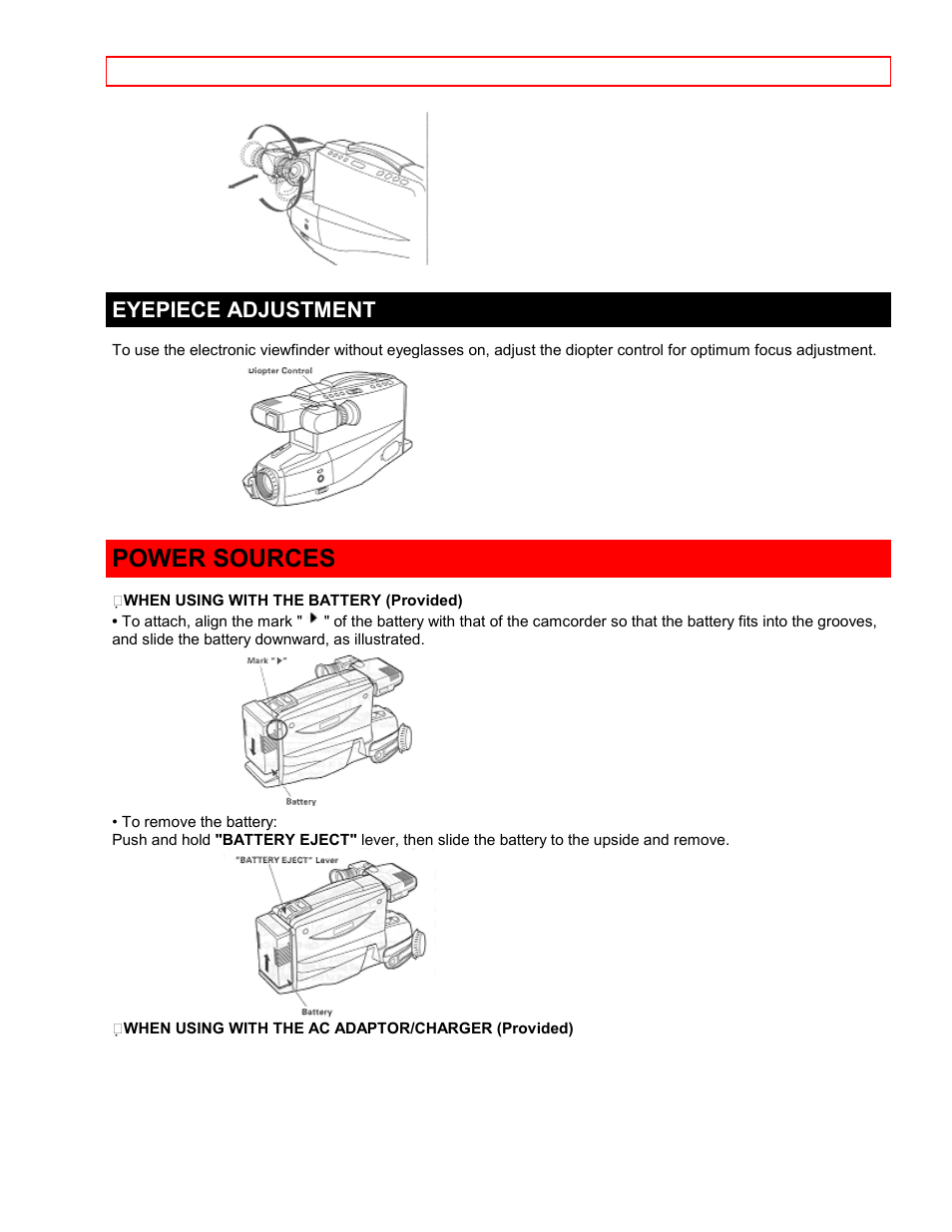 Eyepiece adjustment, Power sources | Hitachi VTFX-6400A User Manual | Page 9 / 39