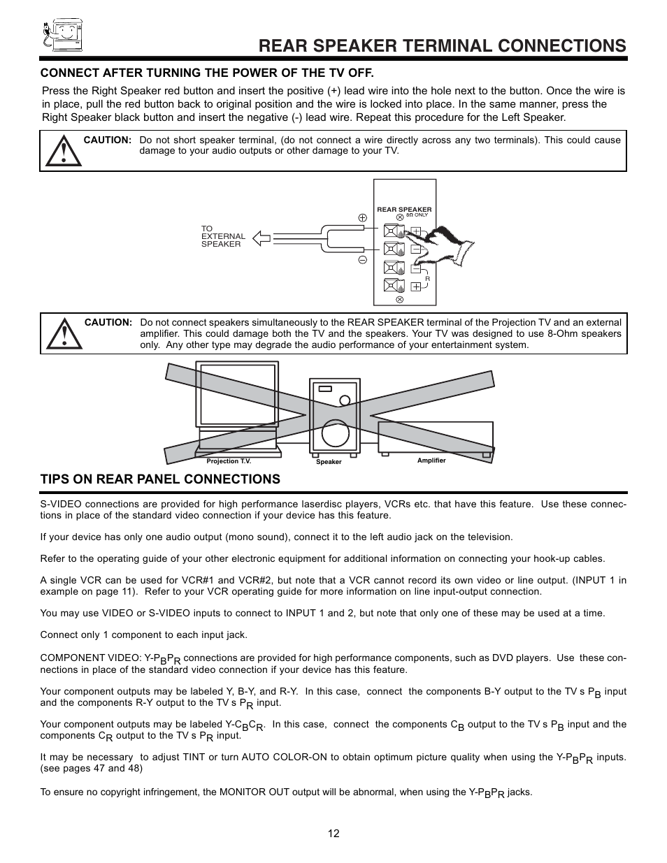 Rear speaker terminal connections, Tips on rear panel connections, Connect after turning the power of the tv off | Hitachi 43GX10B User Manual | Page 12 / 60