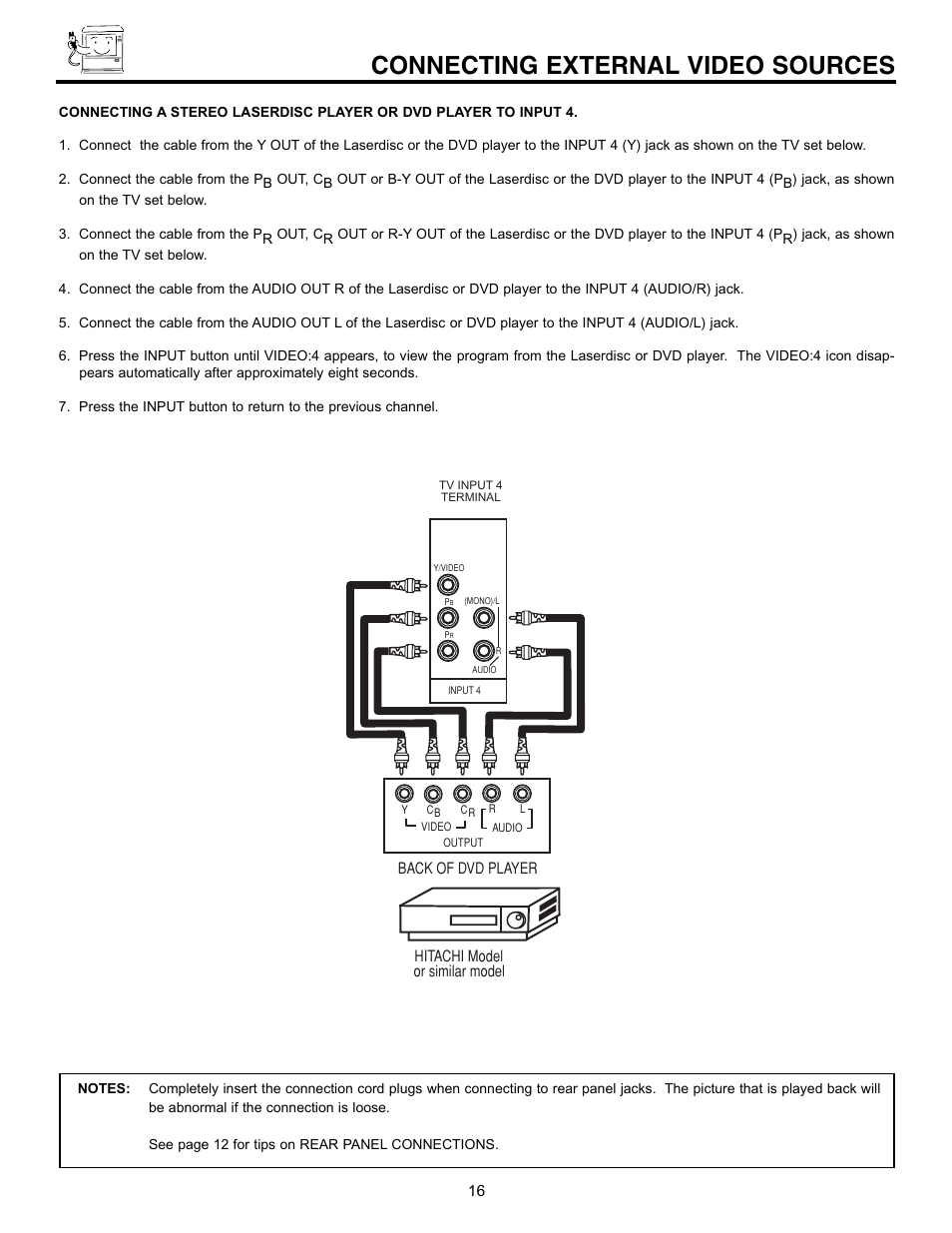 Connecting external video sources | Hitachi 43GX10B User Manual | Page 16 / 60