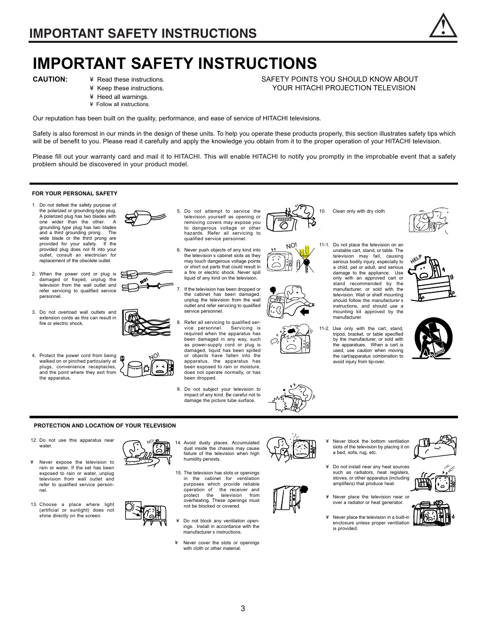 Important safety instructions, Caution, Safety points you should know about | Your hitachi projection television | Hitachi 43GX10B User Manual | Page 3 / 60