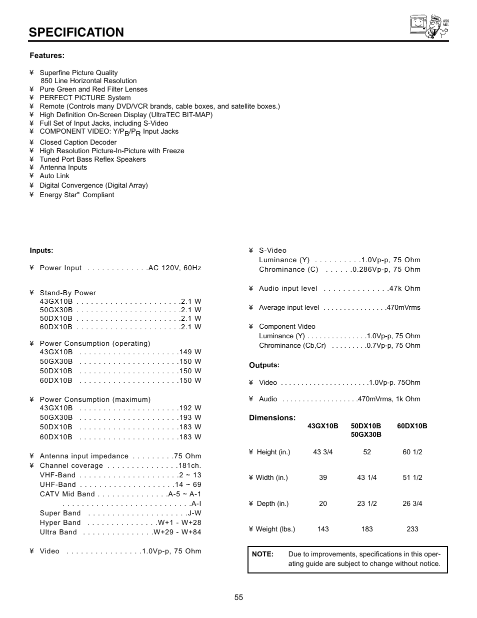 Specification | Hitachi 43GX10B User Manual | Page 55 / 60