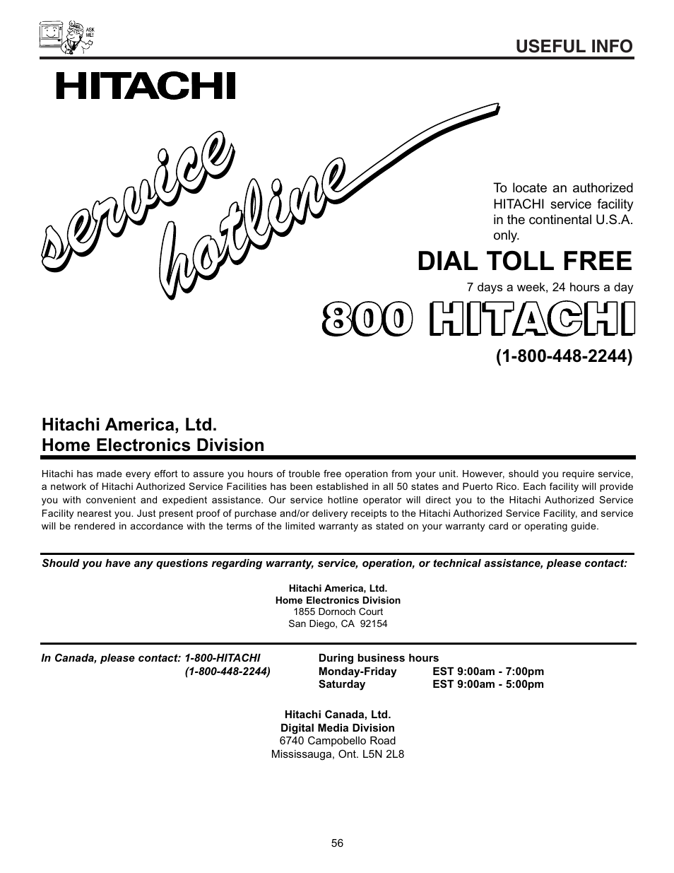 Service ser vic e, 800 hitachi | Hitachi 43GX10B User Manual | Page 56 / 60