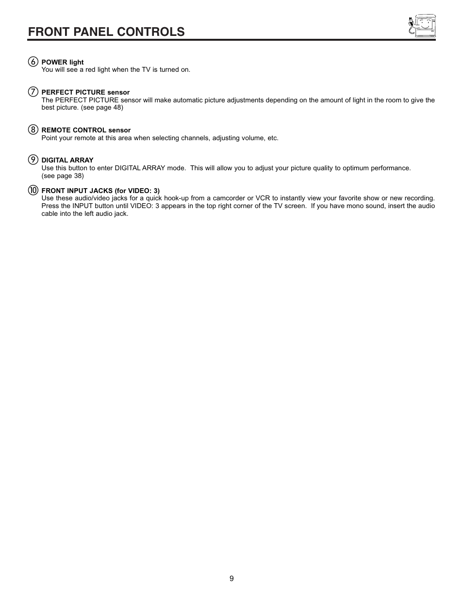 Front panel controls | Hitachi 43GX10B User Manual | Page 9 / 60