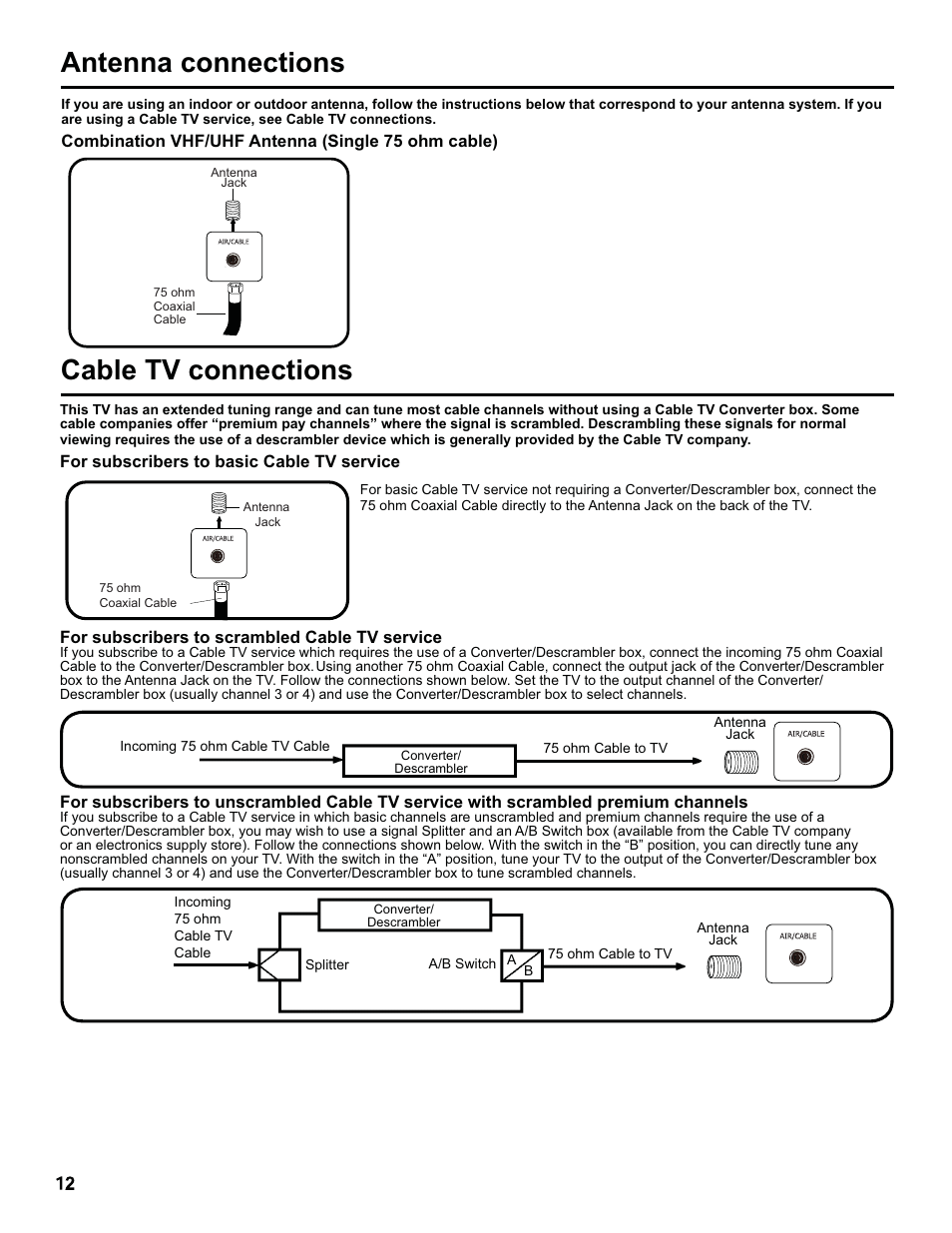 Antenna connections, Cable tv connections | Hitachi L32C205 User Manual | Page 12 / 29