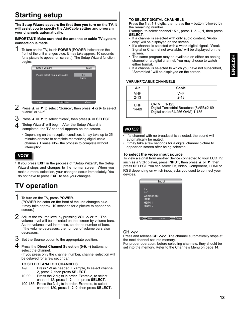 Starting setup, Tv operation 1 | Hitachi L32C205 User Manual | Page 13 / 29