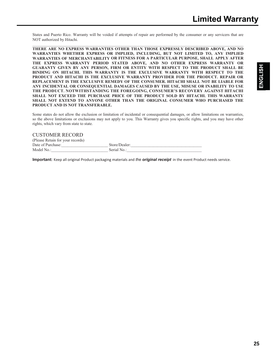 Limited warranty | Hitachi L32C205 User Manual | Page 25 / 29