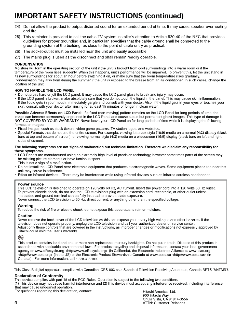 Hitachi L32C205 User Manual | Page 4 / 29