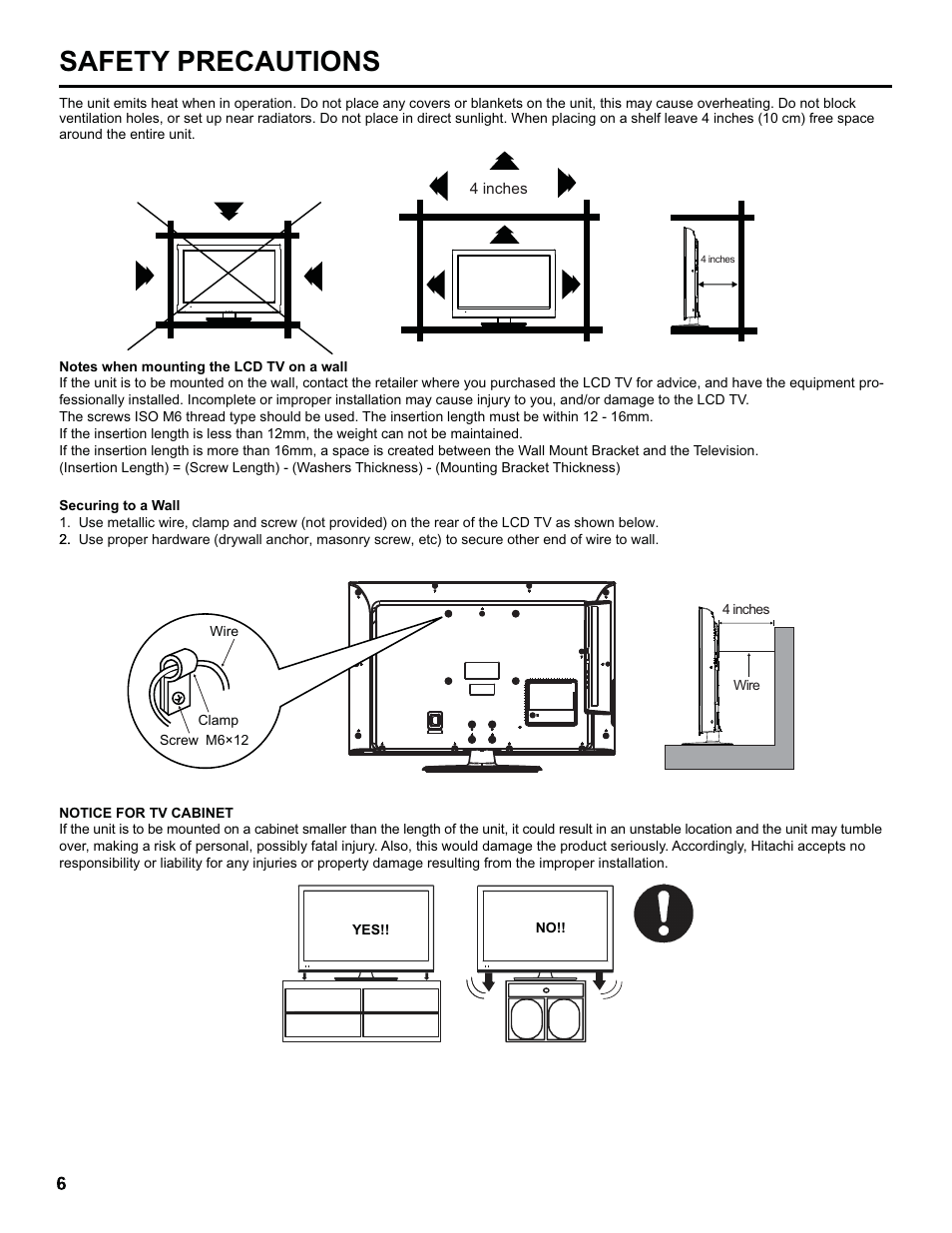 Safety precautions | Hitachi L32C205 User Manual | Page 6 / 29