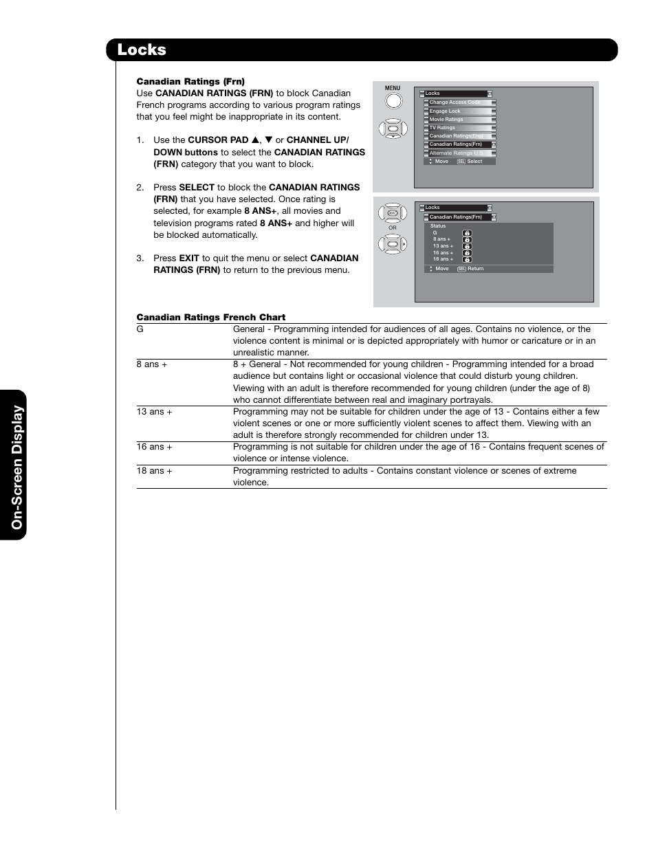 Locks, On-scr een display | Hitachi 50VS69A 55VS69A User Manual | Page 44 / 80