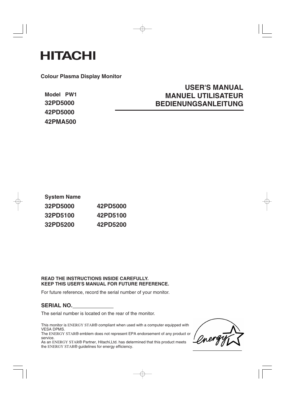 Hitachi 42PMA500 User Manual | 68 pages