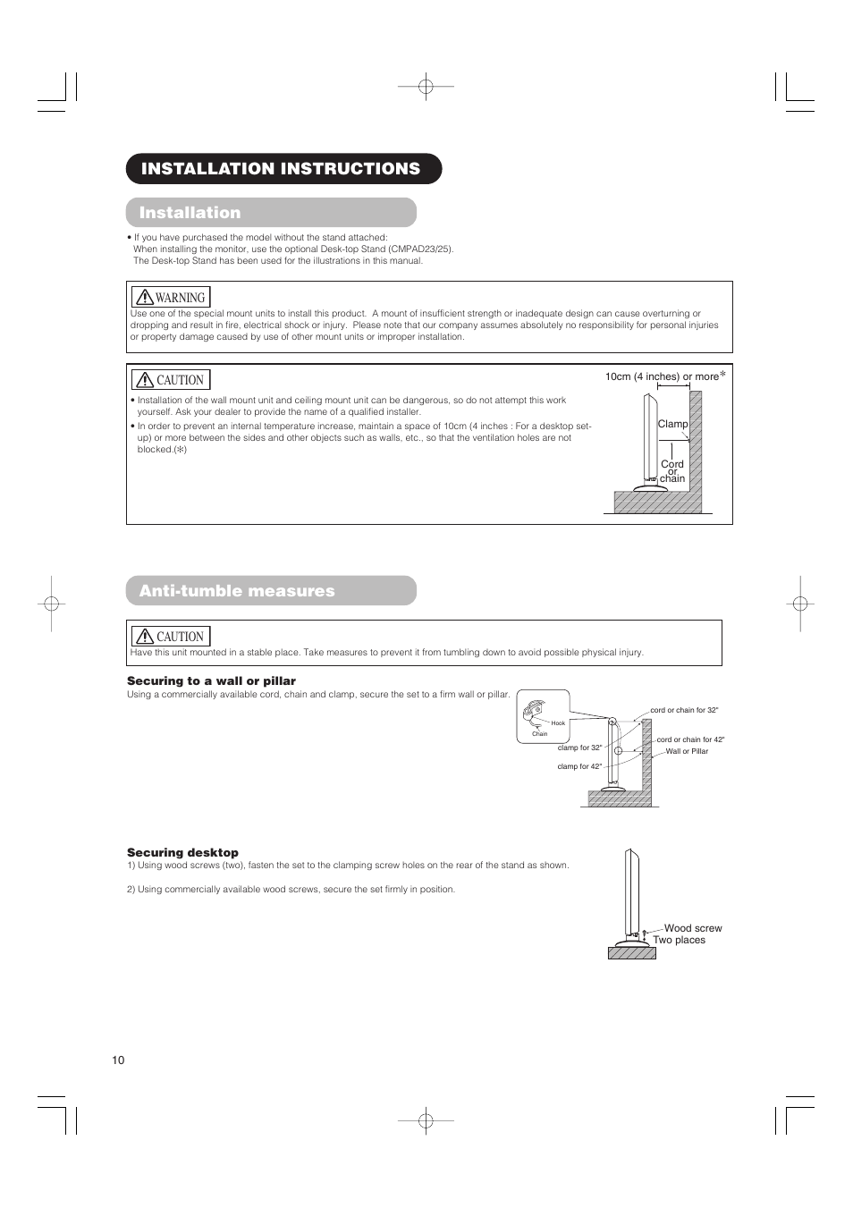 Anti-tumble measures, Installation instructions installation, Caution | Warning | Hitachi 42PMA500 User Manual | Page 12 / 68