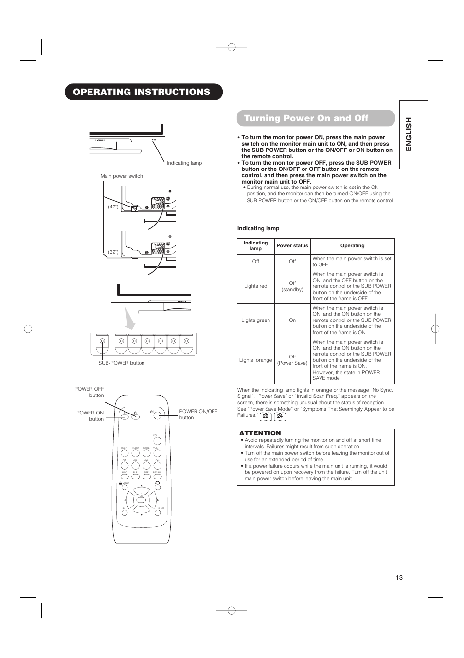 Operating instructions turning power on and off, English, Attention | Hitachi 42PMA500 User Manual | Page 15 / 68