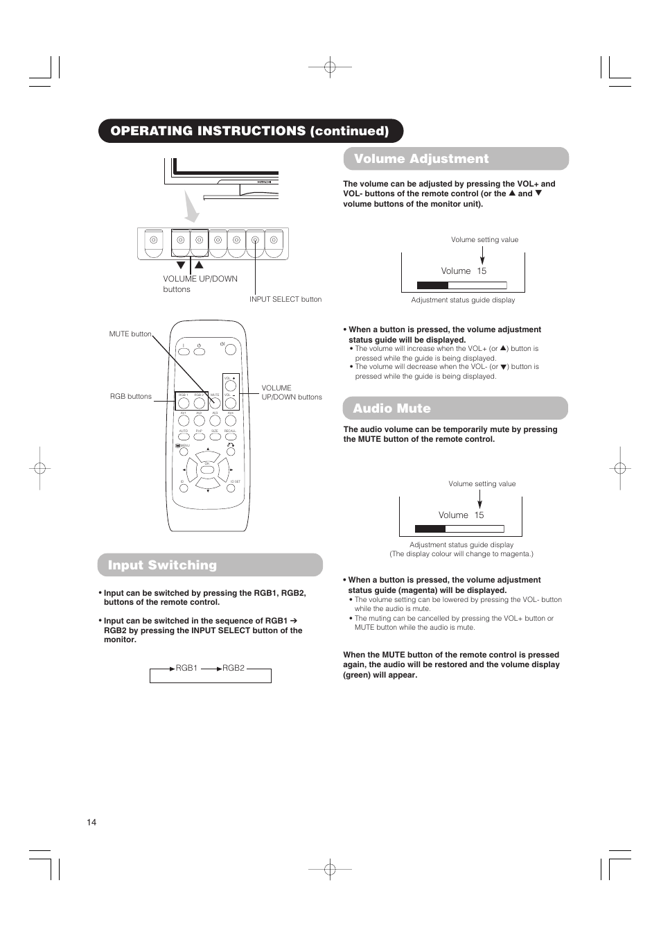 Operating instructions (continued) audio mute, Input switching, Volume adjustment | Volume 15 | Hitachi 42PMA500 User Manual | Page 16 / 68
