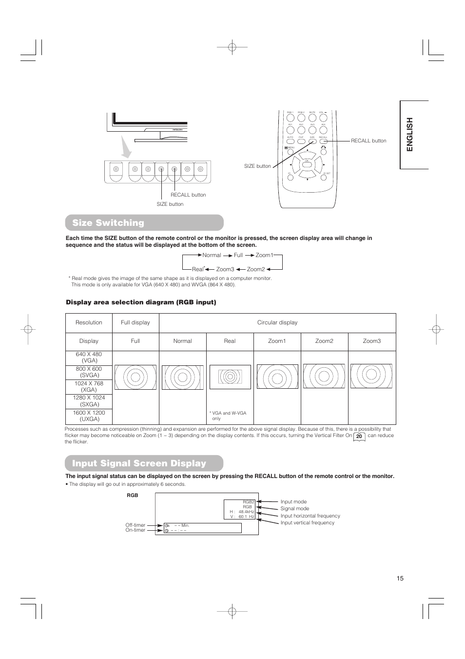 Size switching, Input signal screen display, English | Display area selection diagram (rgb input) | Hitachi 42PMA500 User Manual | Page 17 / 68