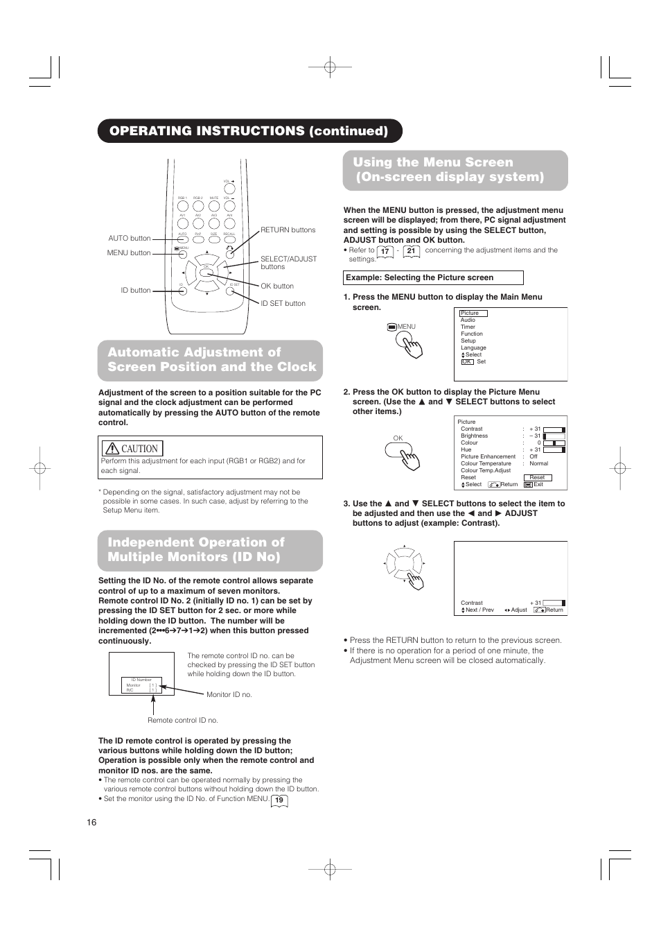 Using the menu screen (on-screen display system), Caution | Hitachi 42PMA500 User Manual | Page 18 / 68