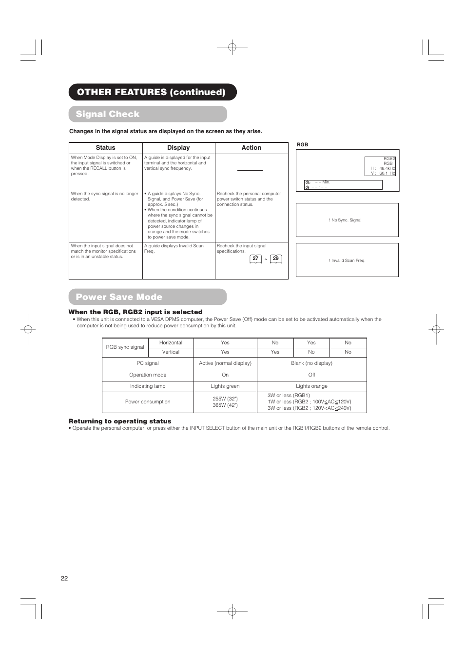 Signal check, Other features (continued), Power save mode | Hitachi 42PMA500 User Manual | Page 24 / 68