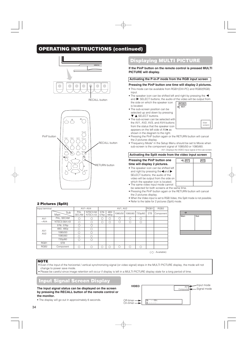 Input signal screen display, 2 pictures (split) | Hitachi 42PMA500 User Manual | Page 36 / 68