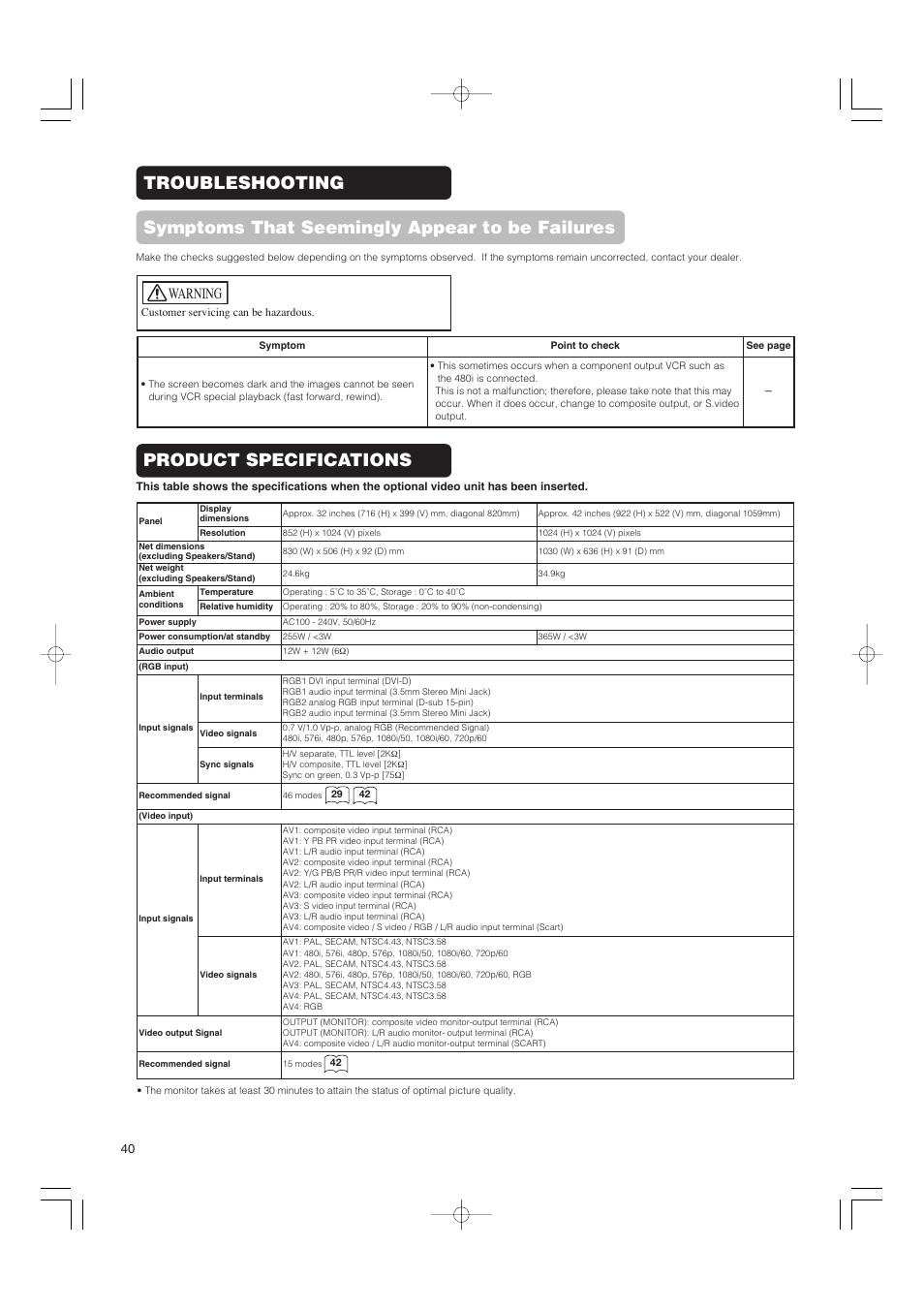 Product specifications, Warning | Hitachi 42PMA500 User Manual | Page 42 / 68