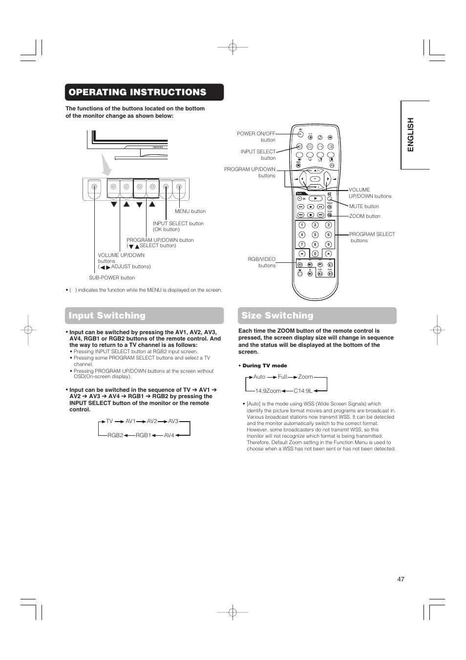 Operating instructions, Input switching size switching, English | Hitachi 42PMA500 User Manual | Page 49 / 68