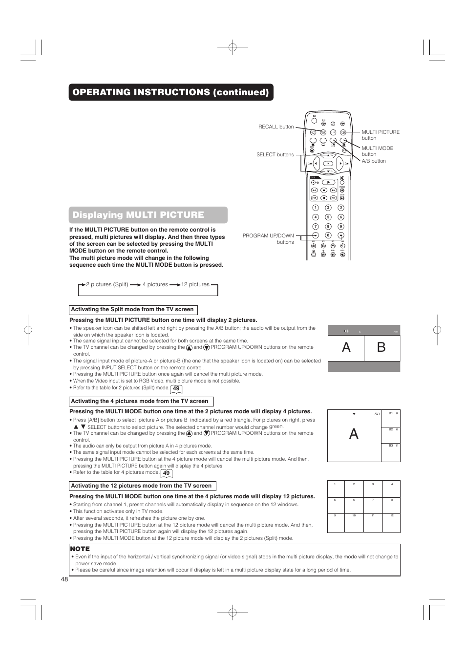 Operating instructions (continued), Displaying multi picture | Hitachi 42PMA500 User Manual | Page 50 / 68