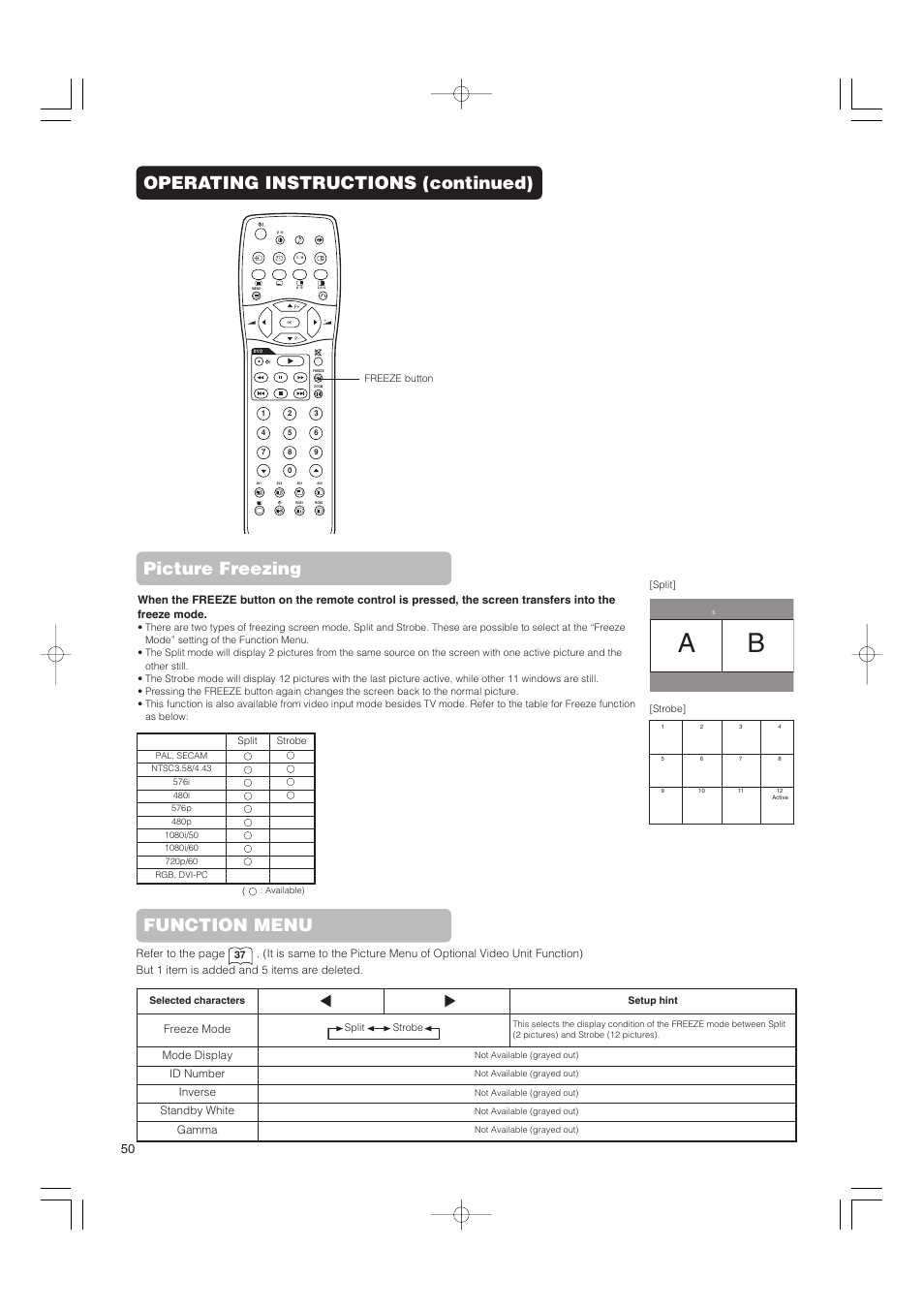 Operating instructions (continued), Picture freezing, Function menu | Hitachi 42PMA500 User Manual | Page 52 / 68