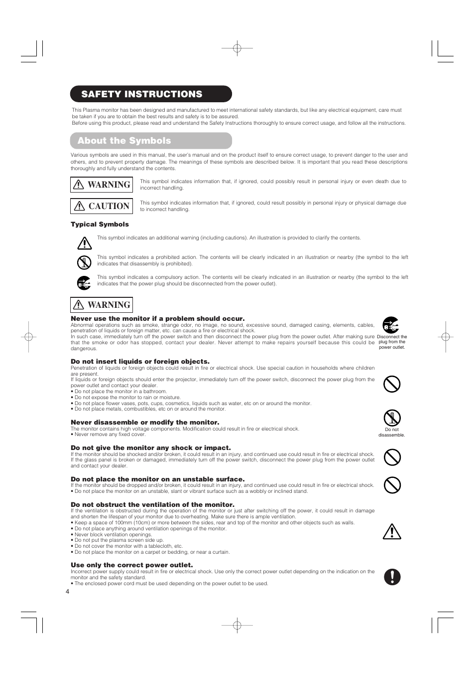 Safety instructions, Caution, Warning | About the symbols | Hitachi 42PMA500 User Manual | Page 6 / 68