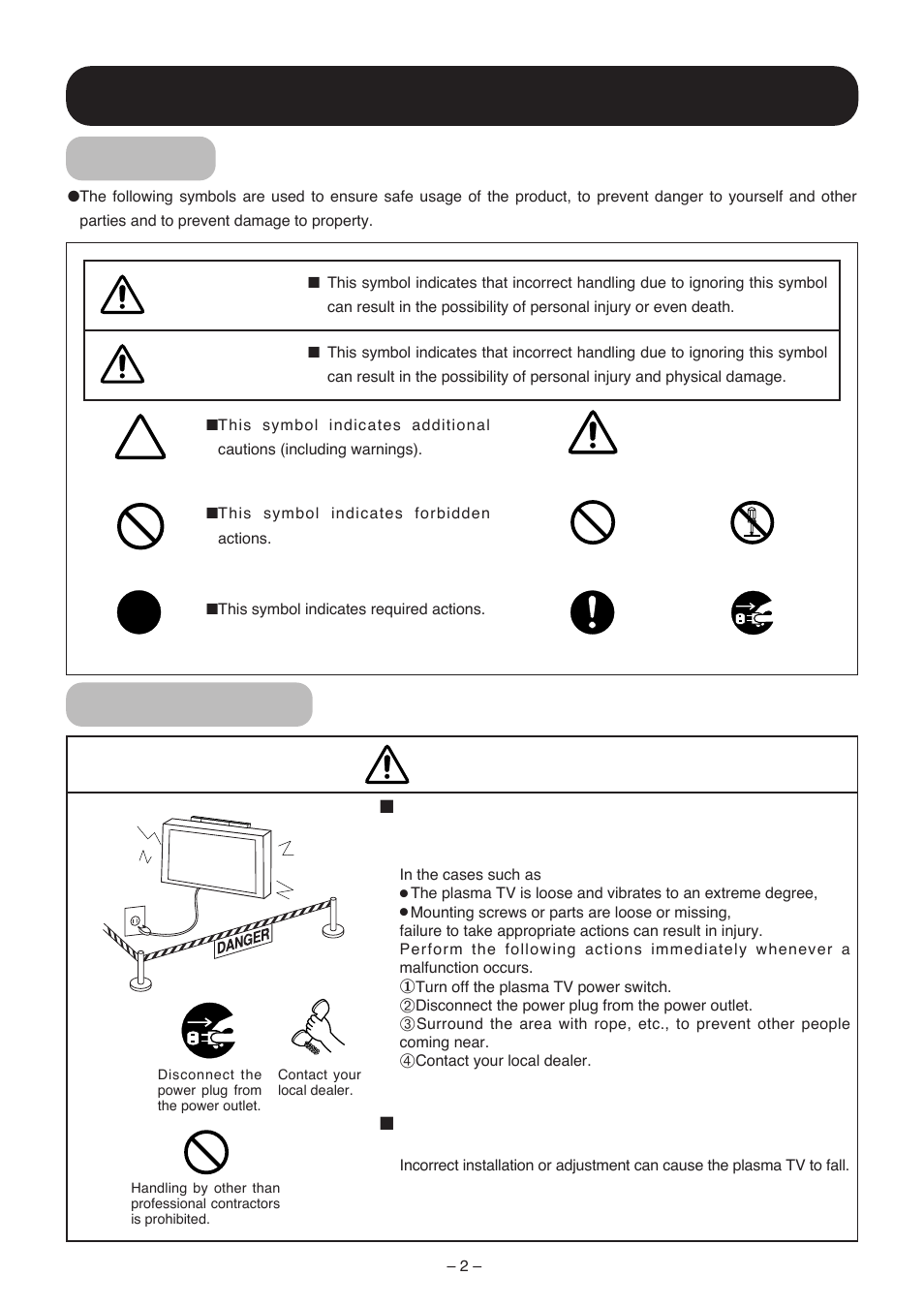 Usage cautions to ensure correct usage, Warning, Caution | Symbols, Safety cautions | Hitachi 42PMA500 User Manual | Page 60 / 68