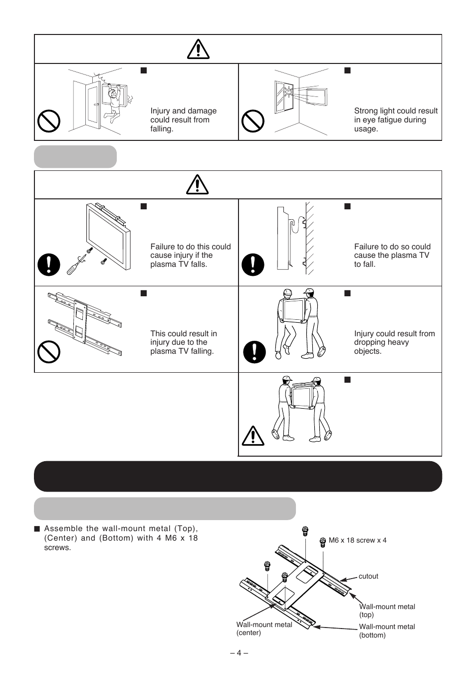 Installation method, Caution, Warning | Installing, Assembling the wall-mount metals | Hitachi 42PMA500 User Manual | Page 62 / 68