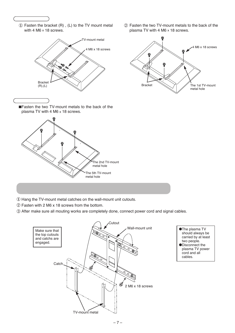 Installing the plasma tv on the wall mount | Hitachi 42PMA500 User Manual | Page 65 / 68