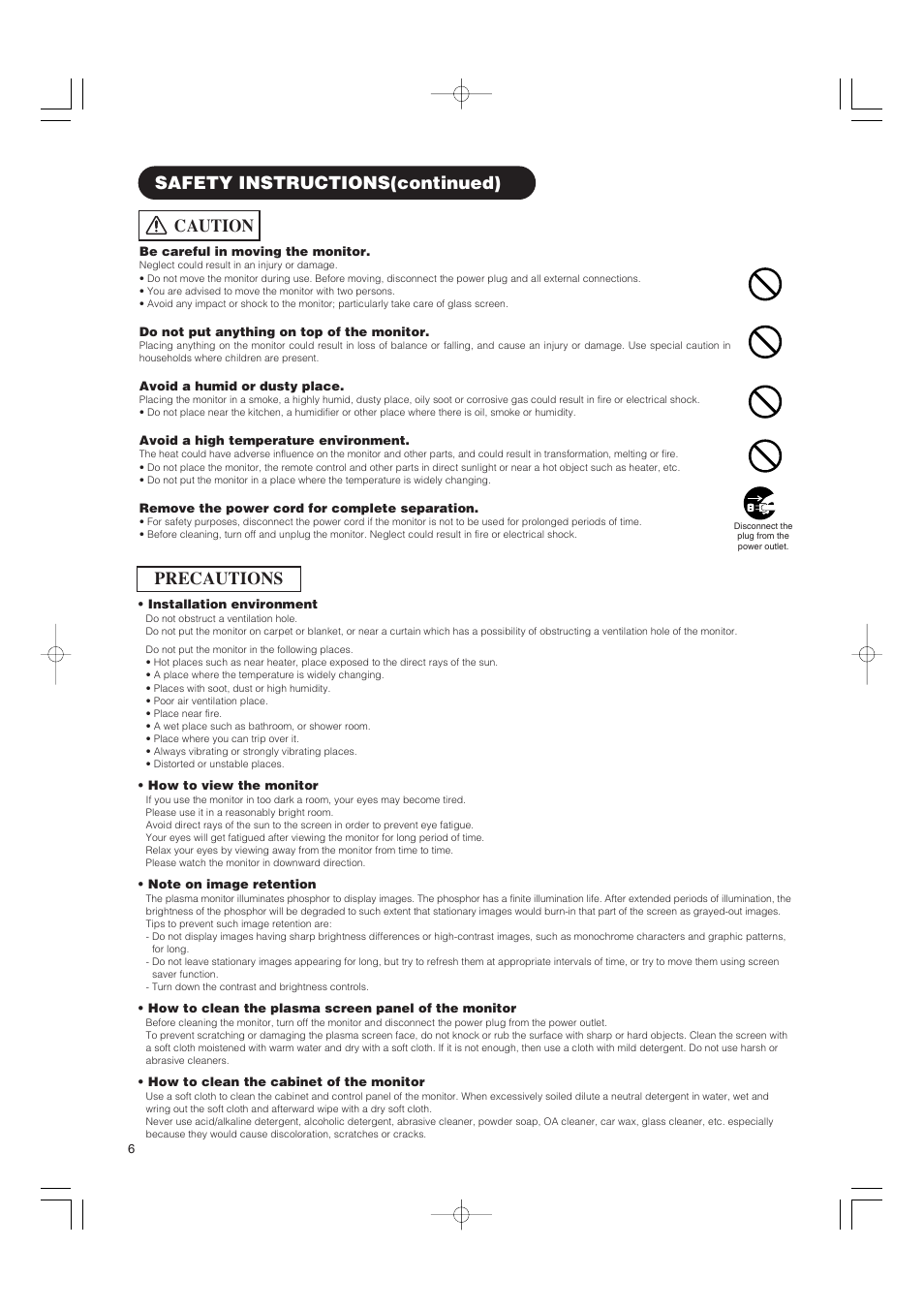 Precautions, Caution, Safety instructions(continued) | Hitachi 42PMA500 User Manual | Page 8 / 68