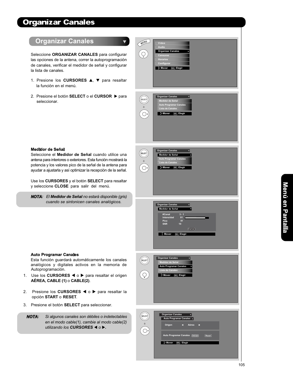 Organizar canales, Men ú en p an ta lla | Hitachi L42S601 User Manual | Page 105 / 142