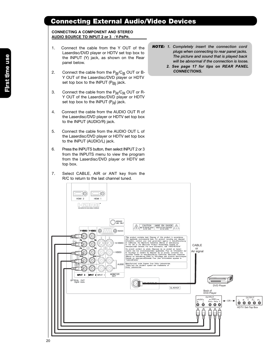 Connecting external audio/video devices | Hitachi L42S601 User Manual | Page 20 / 142