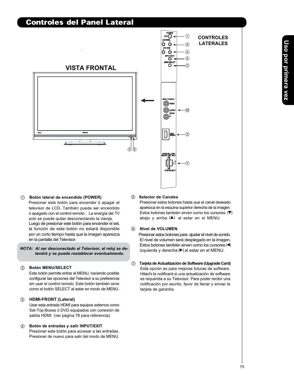 Controles del panel lateral, Uso por primera vez, Vista frontal | Hitachi L42S601 User Manual | Page 75 / 142