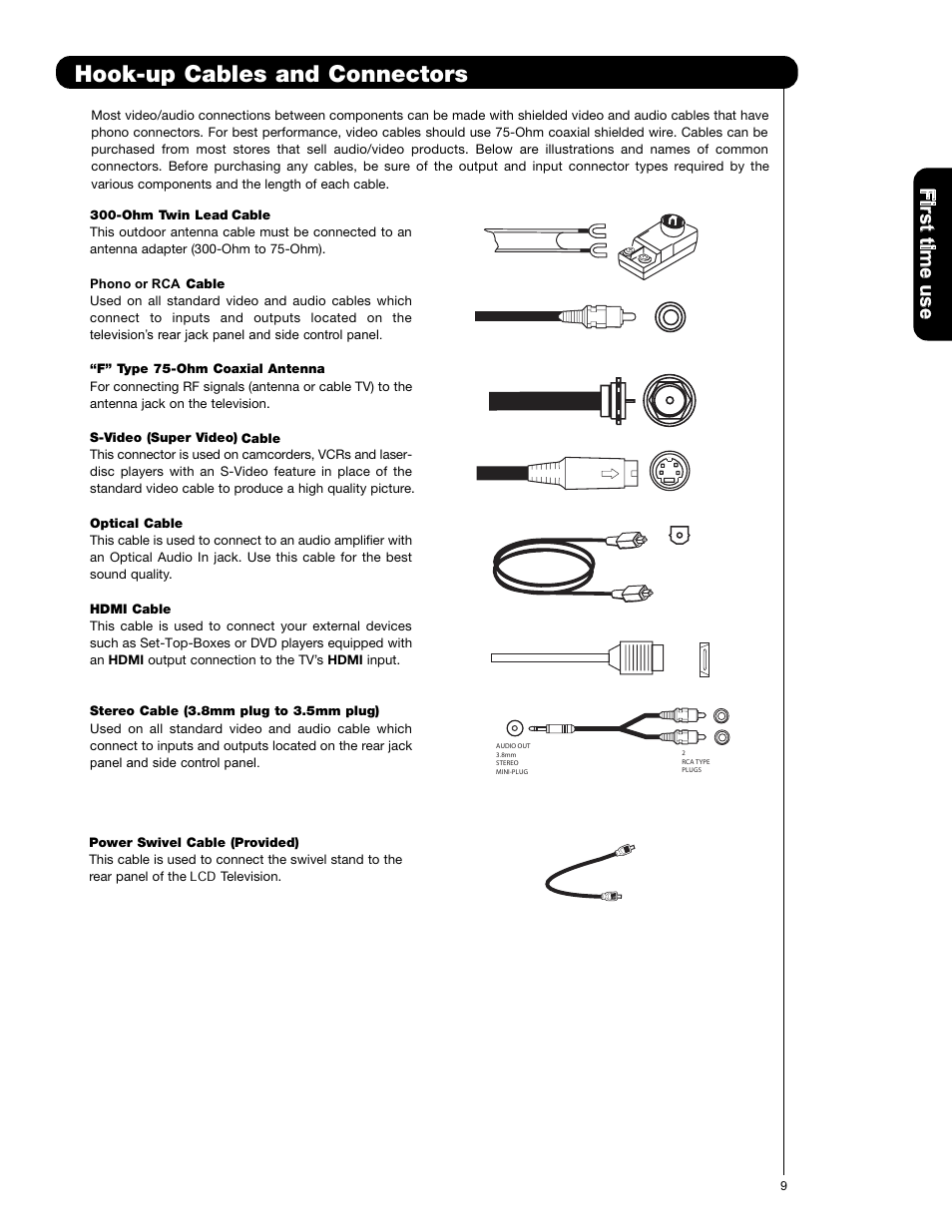 Hook-up cables and connectors, Firs t tim e u se | Hitachi L42S601 User Manual | Page 9 / 142