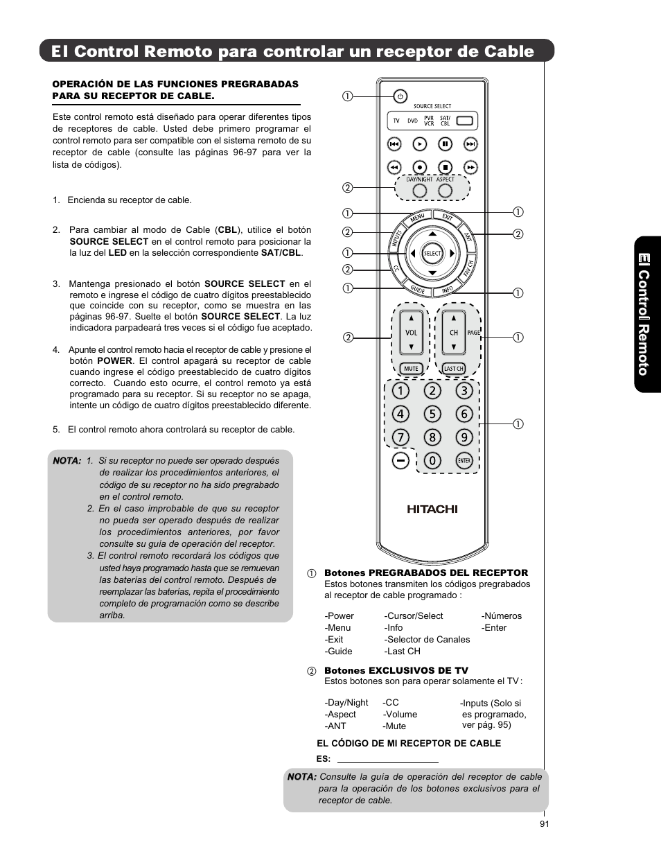 Elc o n tro lr em o to | Hitachi L42S601 User Manual | Page 91 / 142