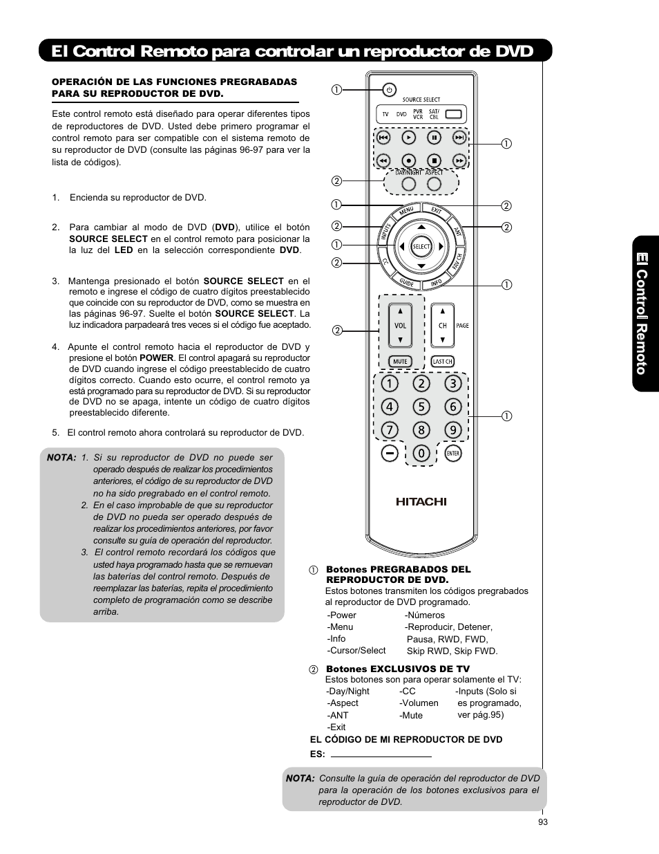 Elc o n tro lr em o to | Hitachi L42S601 User Manual | Page 93 / 142